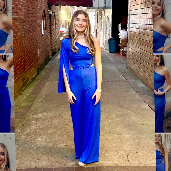 SEXY VENUS BLUE ONE SHOULDER SIDE CUT OUT JUMPSUIT ~ One Shoulder Flowy Romper - Picture 12 of 16